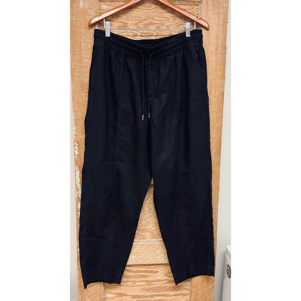 Athleta L Black Retreat High Rise Linen  Pants Drawstring Tapered Relaxed Travel